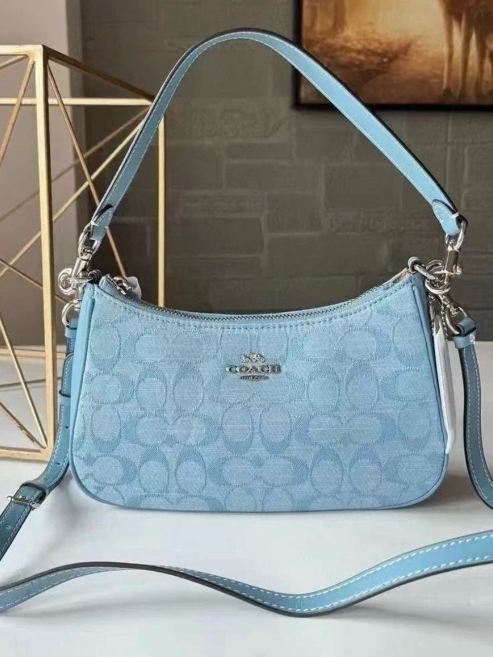 Coach Light Blue Signature Mini Shoulder Bag with Silver Hardware